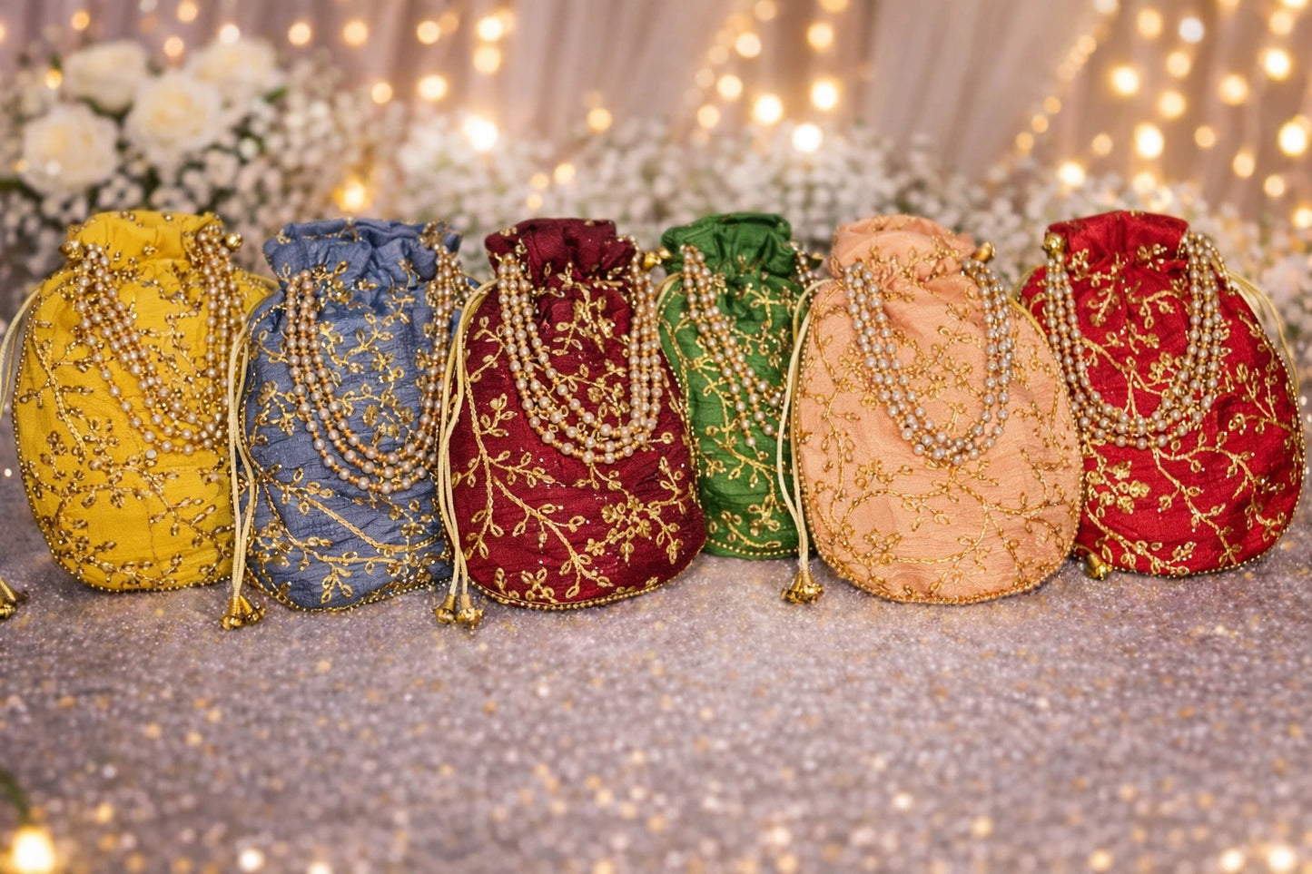 Beautiful decorated potli bag with pearl handle, perfect for wedding favors, bridal gifts, and festive gifting.