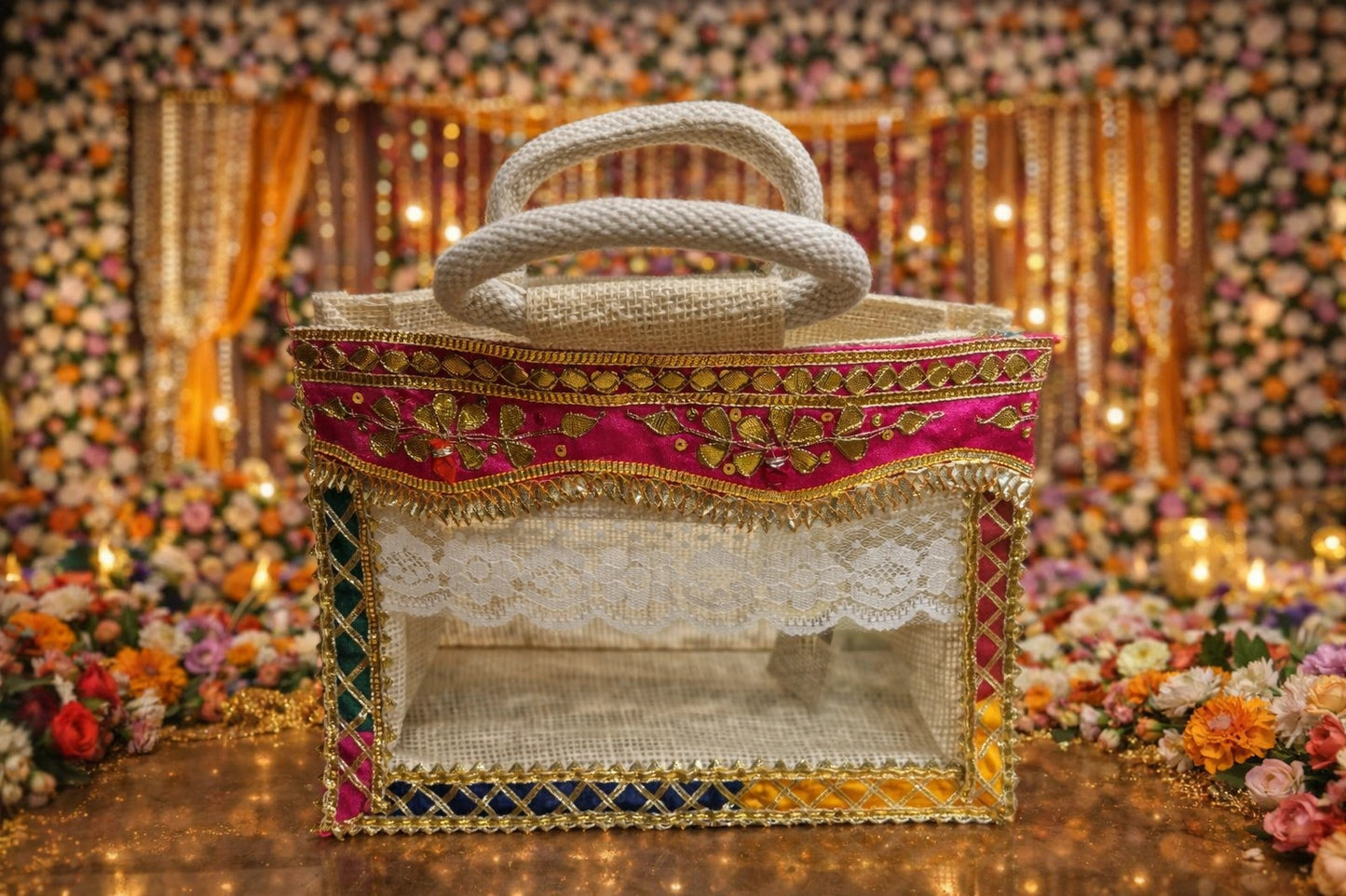 Premium decorated 8x10 jute bag with traditional gota work, ideal for wedding return gifts and festive gifting