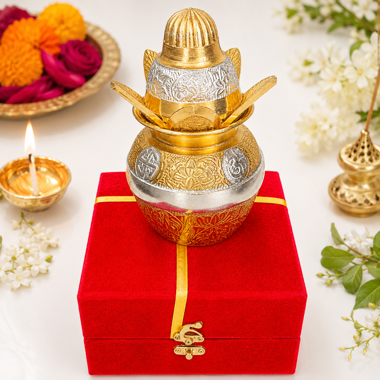 Premium German Silver Kalash with elegant velvet gift box for home temple, Diwali decoration, wedding gift and housewarming ceremony.