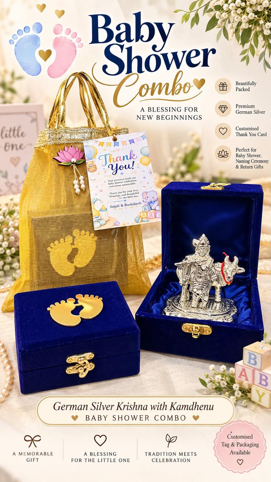 Premium German silver Krishna with Kamadhenu baby shower gift combo in customised velvet box