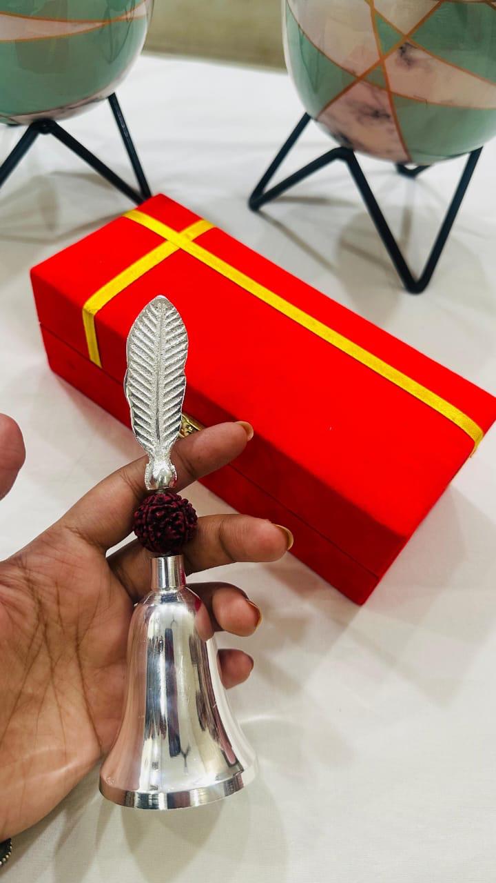German silver rudraksh pooja bell with velvet gift box for home temple and daily worship