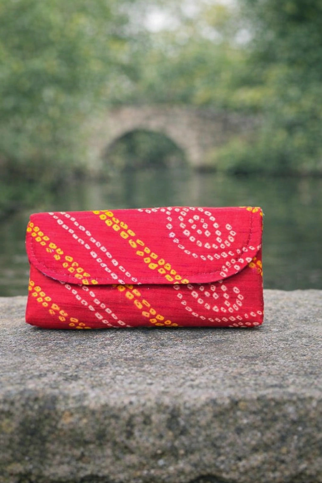 Rajasthani Bandhej clutch purse for women in traditional tie dye design, perfect for weddings and festive occasions