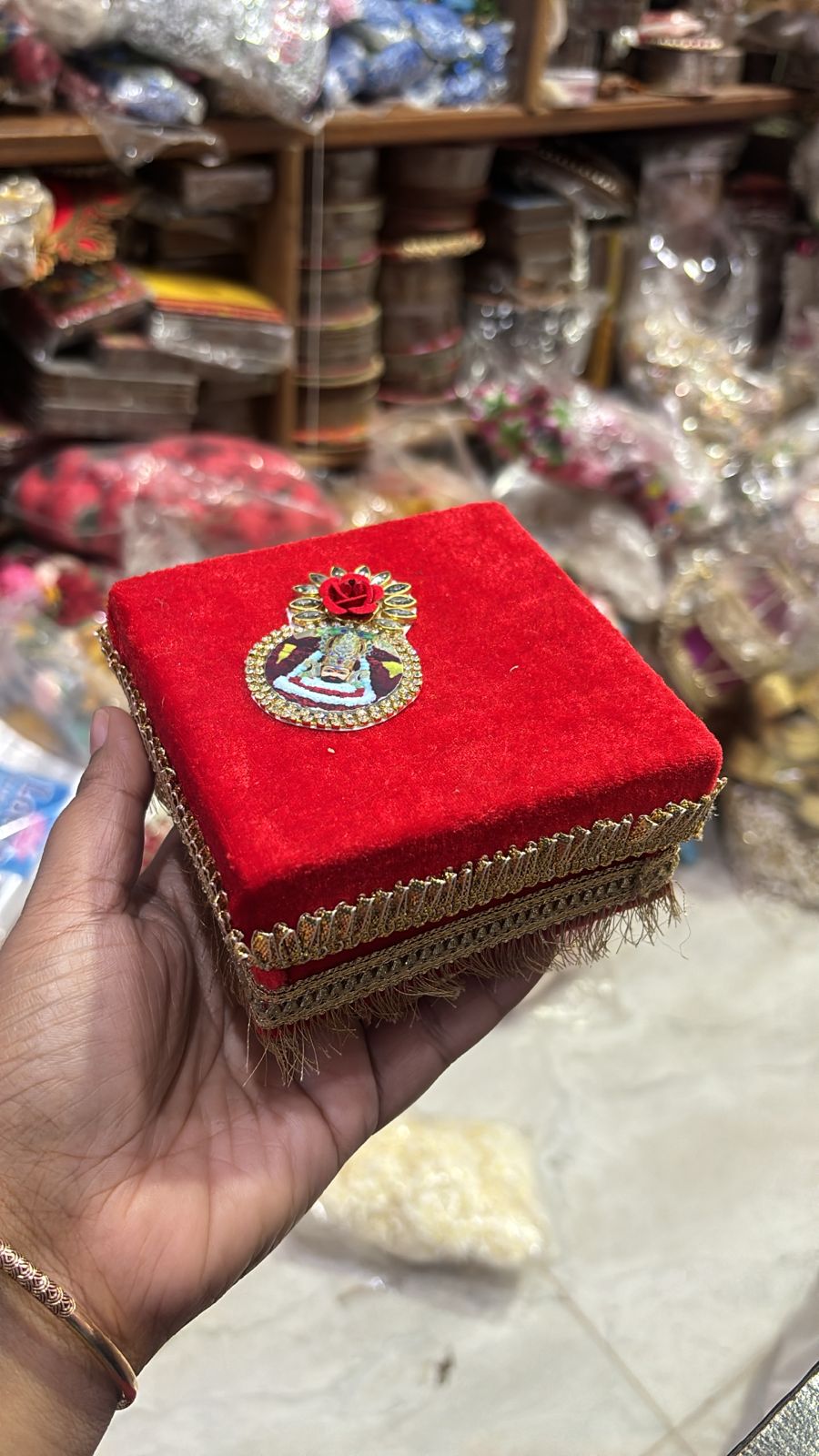 Decorated velvet box with Khatu Shyam pandal for pooja, bhajan, and spiritual home decor