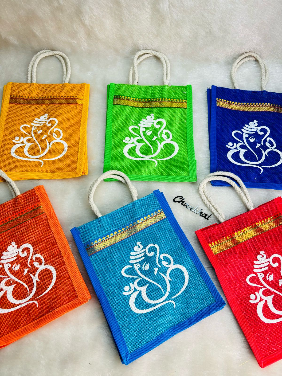 Durable reusable Ganesha jute tote bag for weddings, pooja gifts, and daily use