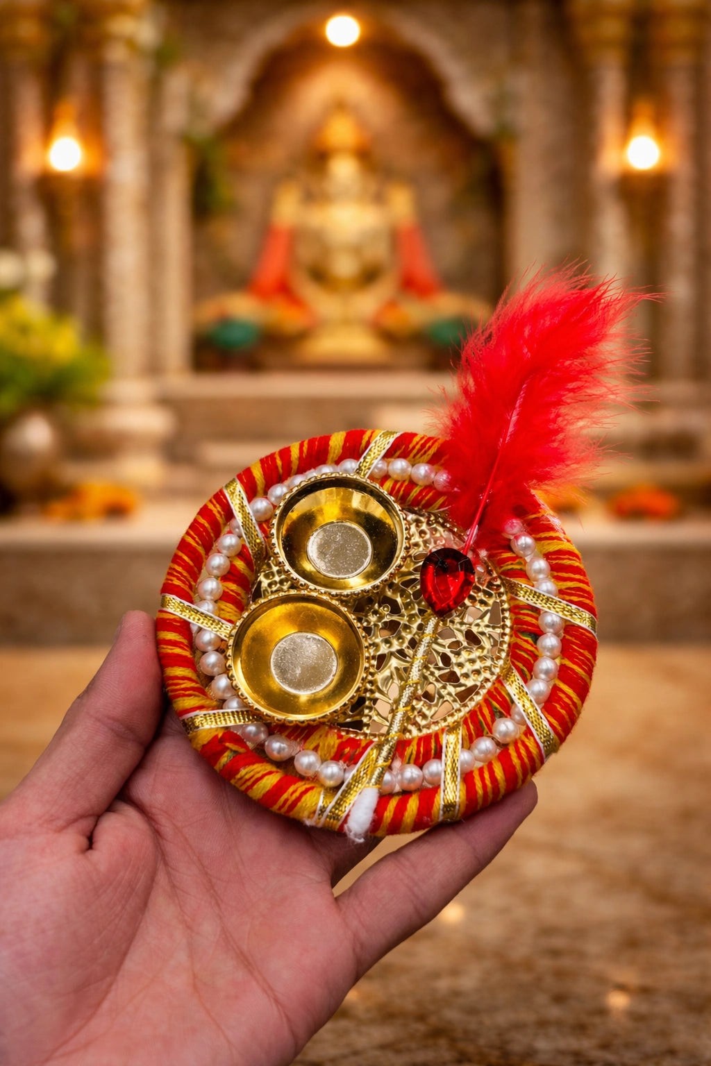 Traditional roli chawal plate with tilak stick used for Hindu pooja rituals and festive ceremonies