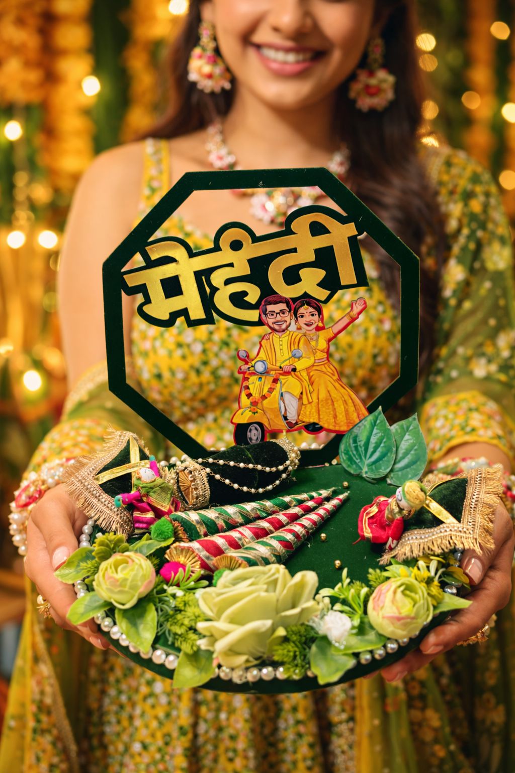 Royal Mehndi ceremony platter decorated with bride groom motif for Indian wedding rituals
