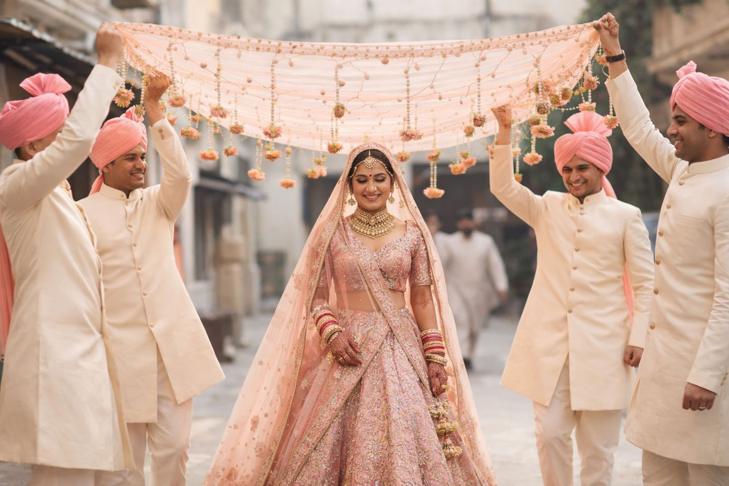 Royal peach phoolon ki chadar used for bride entry at Indian wedding ceremony