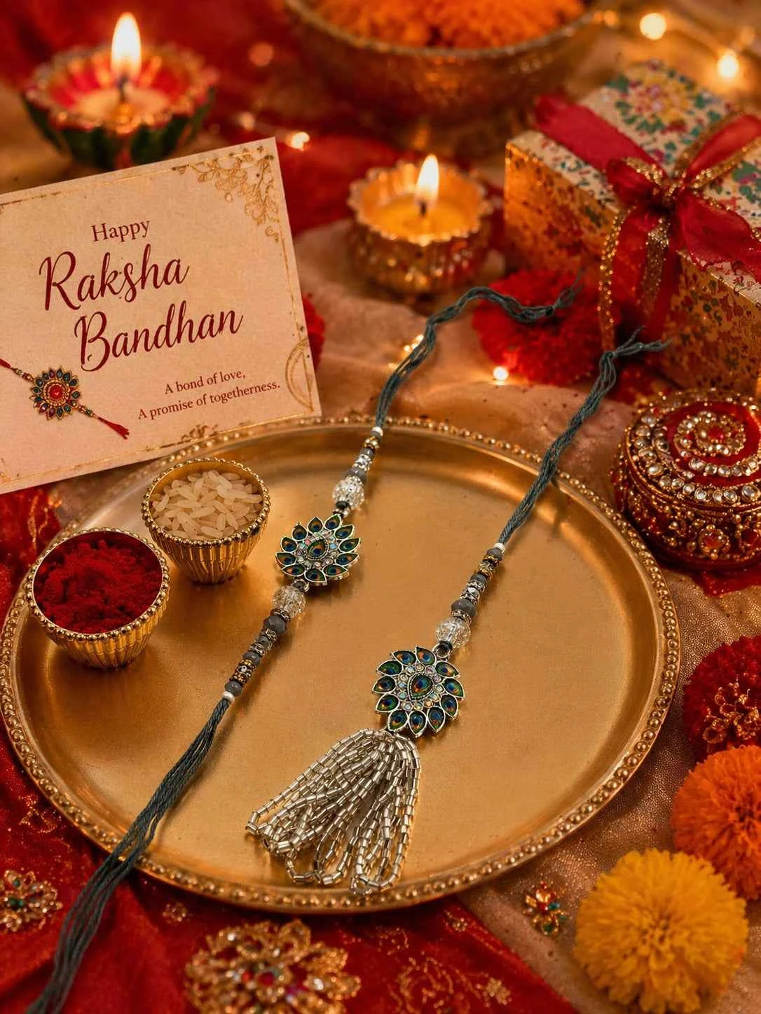 Royal Peacock Rakhi & Lumba Set | Designer Rakhi Combo with Tassel for Bhai Bhabhi