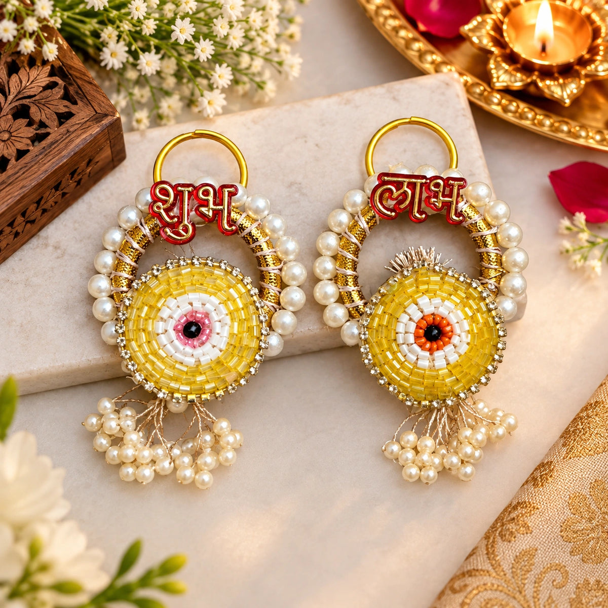 Shubh Labh beaded wall hanging pair with pearl and golden decoration for Diwali main door and pooja room