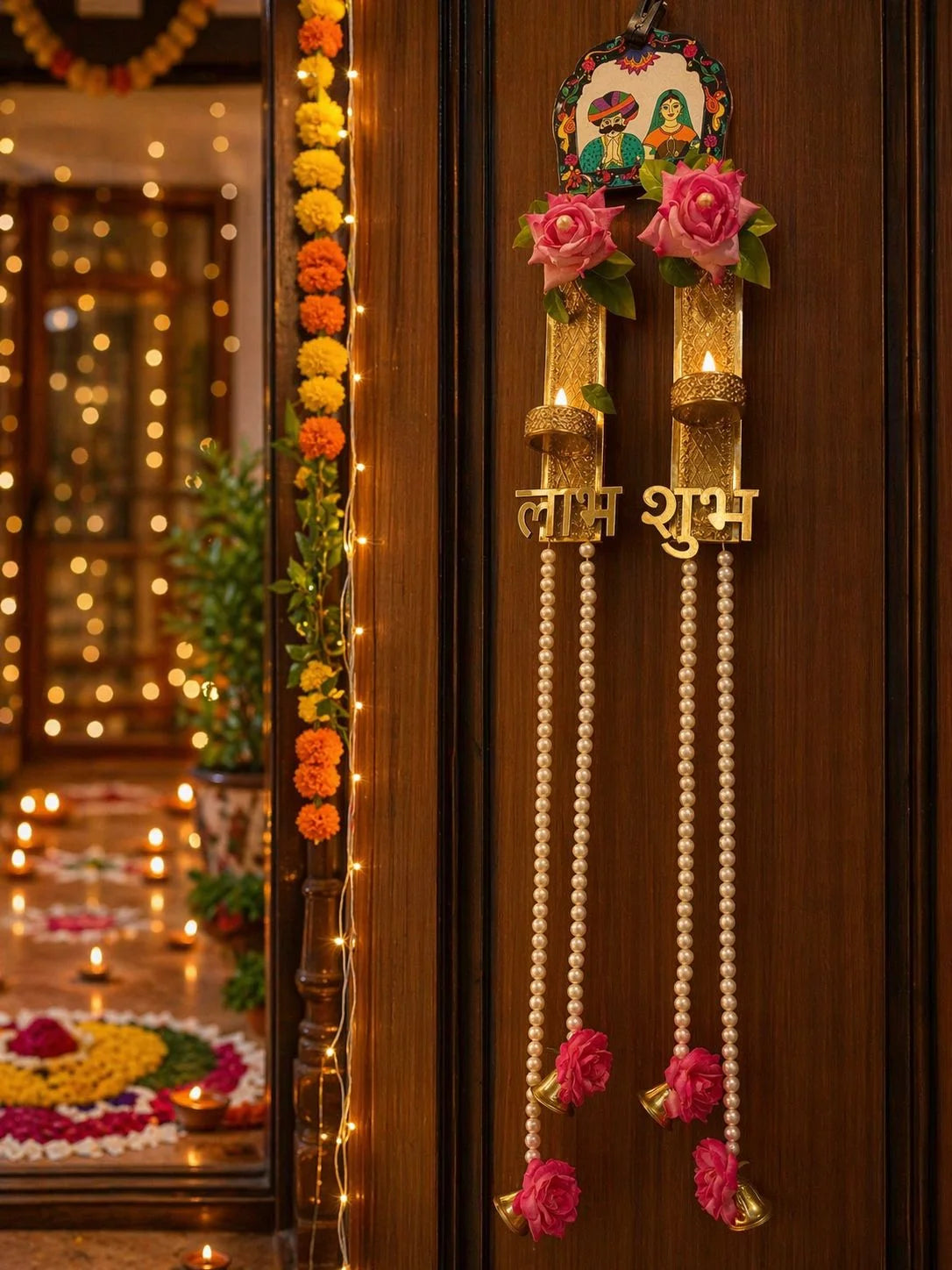 Shubh Labh door hanging with floral tea light holders and pearl tassels for Diwali home and main door decoration