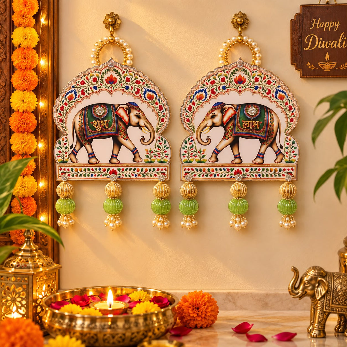Shubh Labh elephant wall hanging pair with pearl tassels for Diwali main door and pooja room decoration