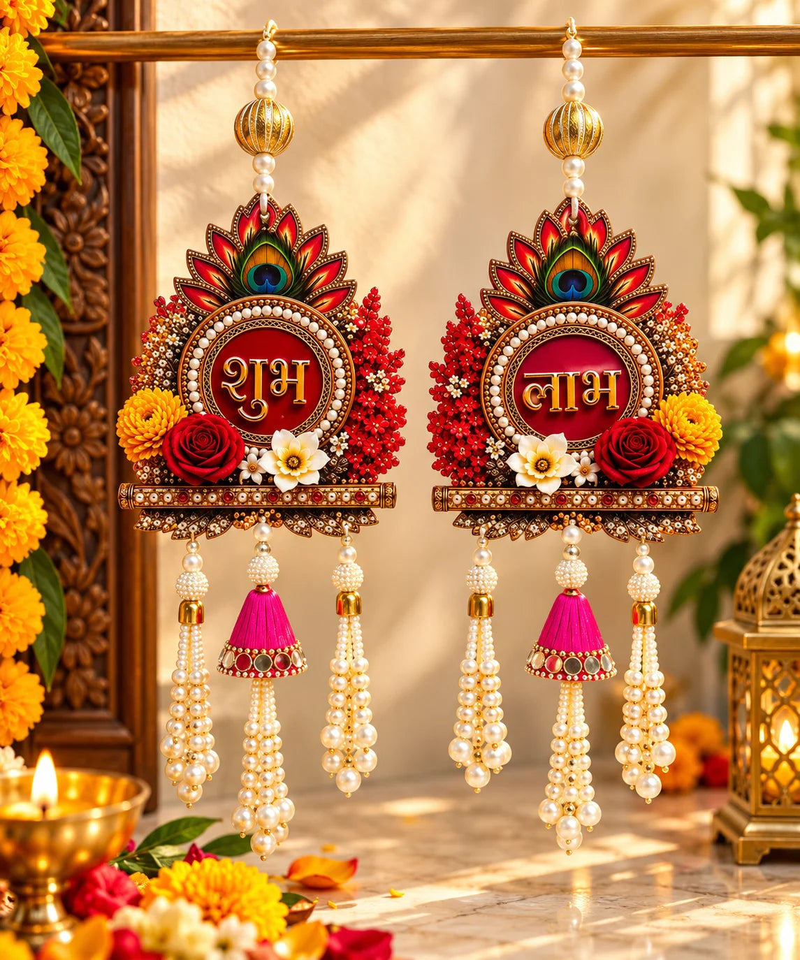 Shubh Labh floral hanging pair with pearl tassels for Diwali door and wall decoration