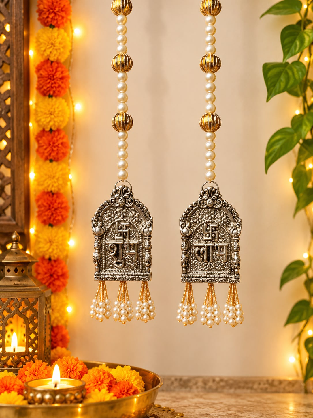 Shubh Labh German silver hanging pair with pearl tassels for Diwali door and wall decoration