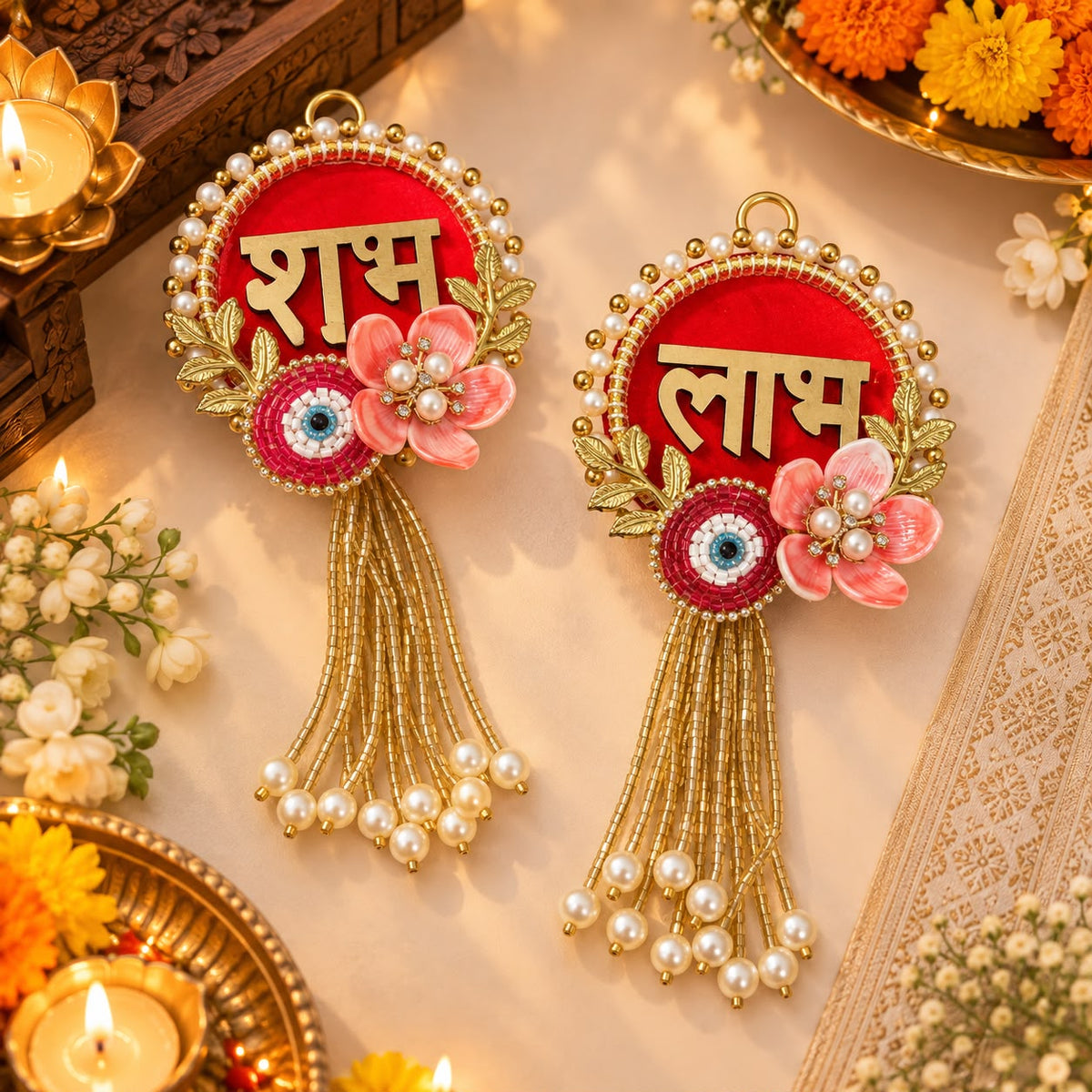 Traditional Shubh Labh hanging pair for main door decoration, pooja room decor, and Diwali festive home decoration.