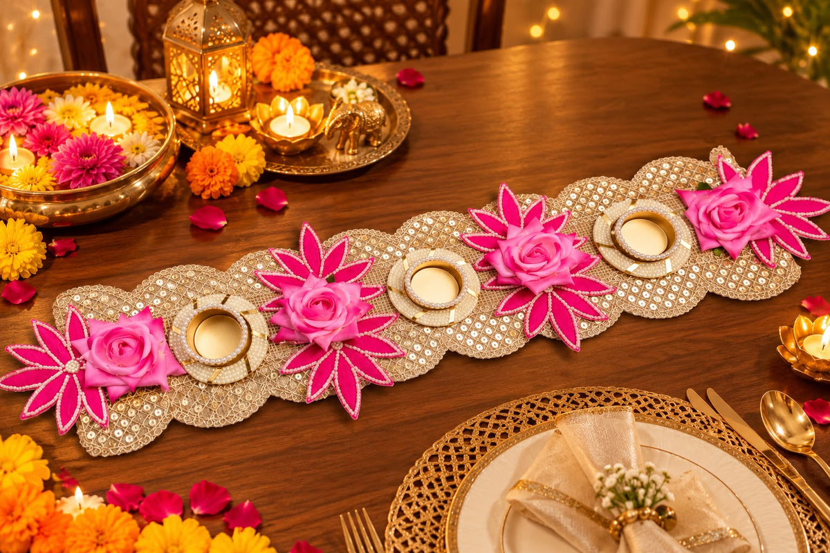 Floral lotus candle holder table runner displayed for pooja room and celebration decor.
