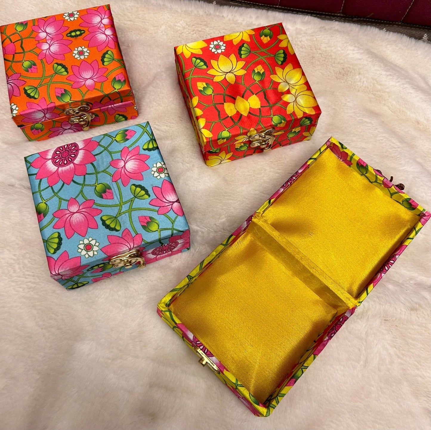 Traditional 4x4 Pichwai print box used for wedding return gifts and festive hampers