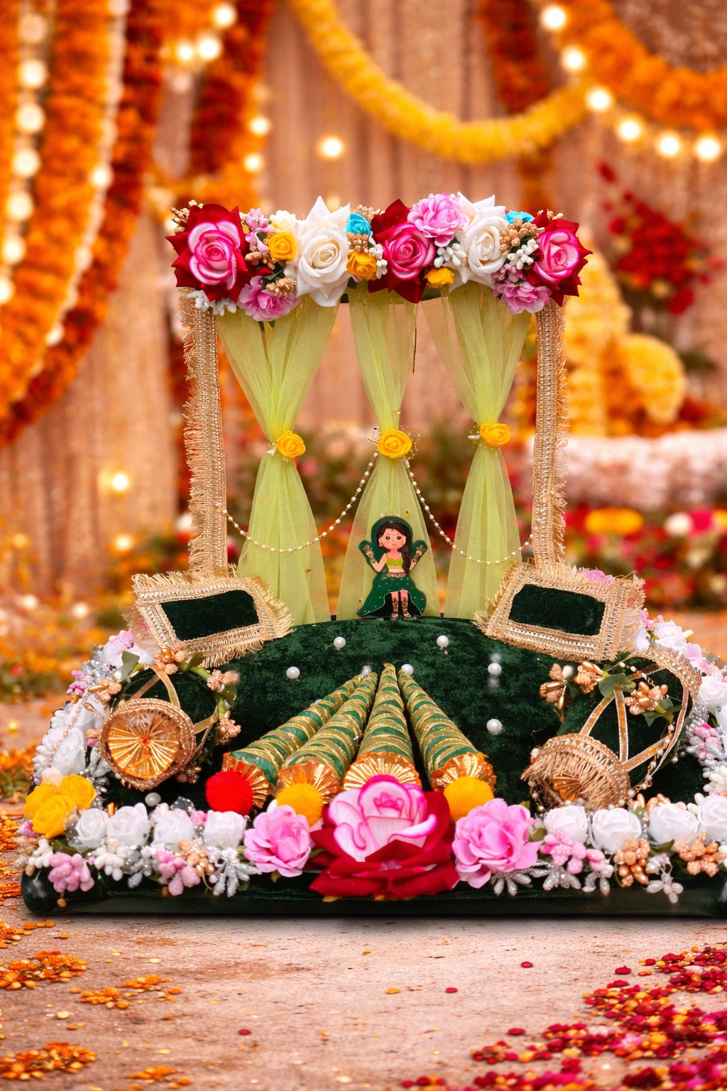Traditional mehndi decor setup for Indian wedding function with vibrant colors