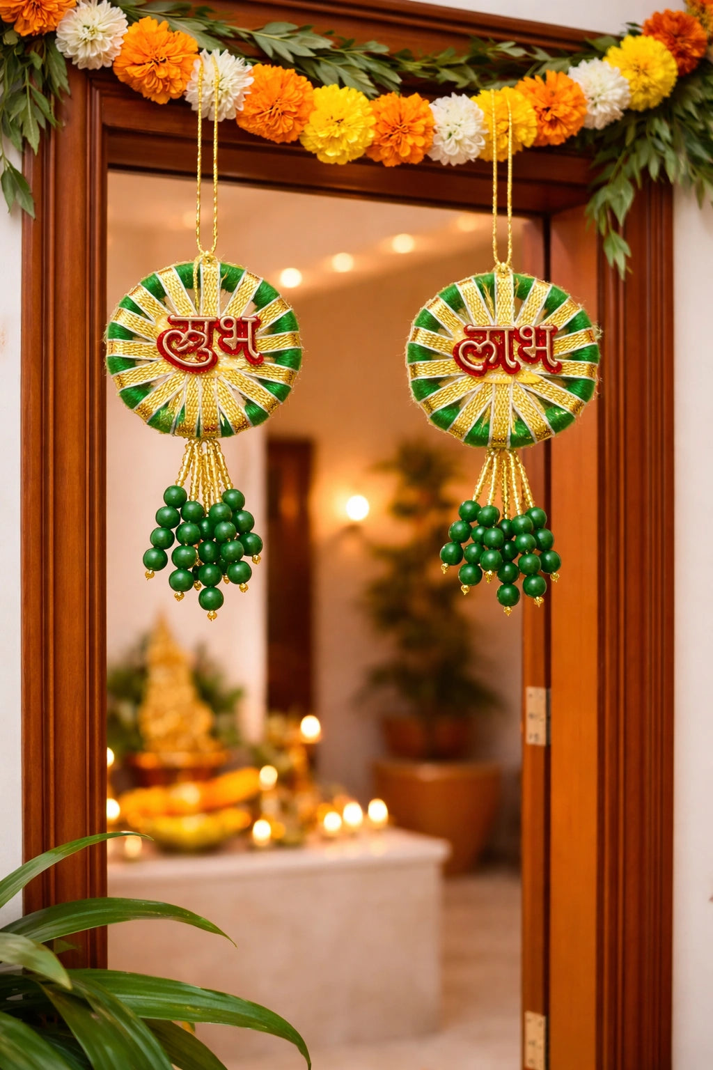 Elegant pearl Shubh Labh hanging for entrance door decoration