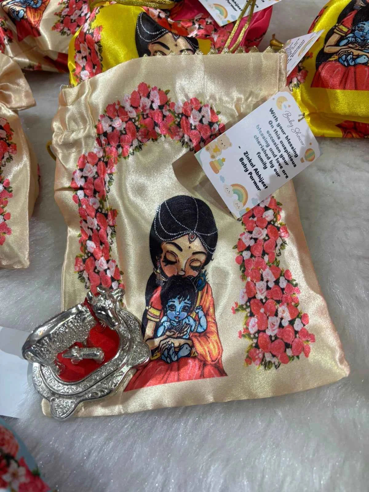Krishna Baby Shower Gift Potli with German Silver Cow
