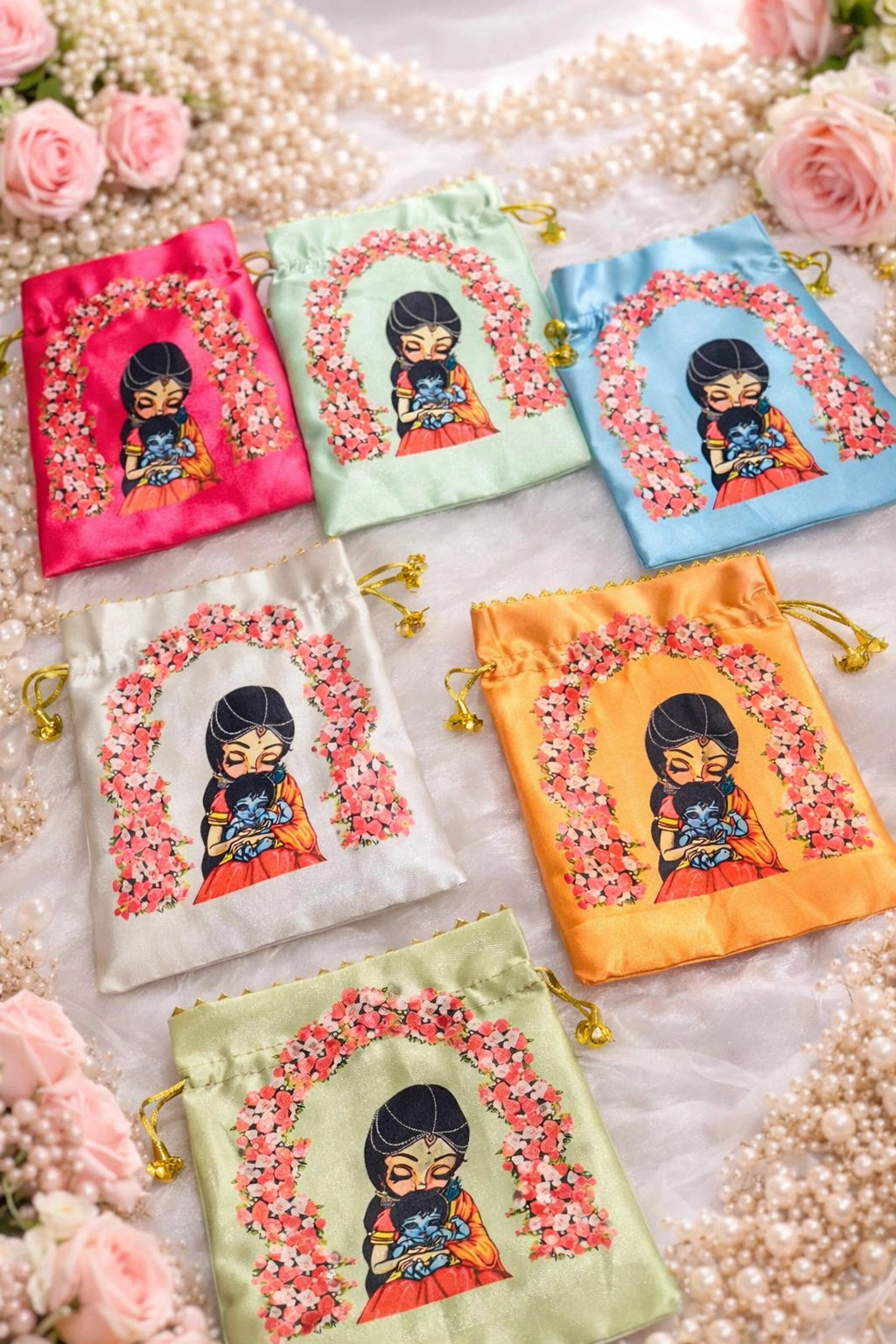 Yashoda Kanha designer potli bag with traditional artwork, perfect for festive gifting, pooja hampers and wedding return gifts