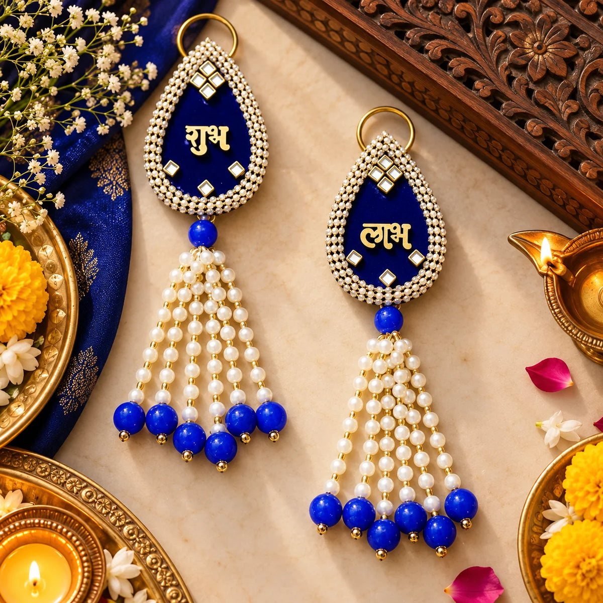 Shubh Labh Blue Door Hanging Pair with Pearl & Mirror Work | Diwali Door Decoration