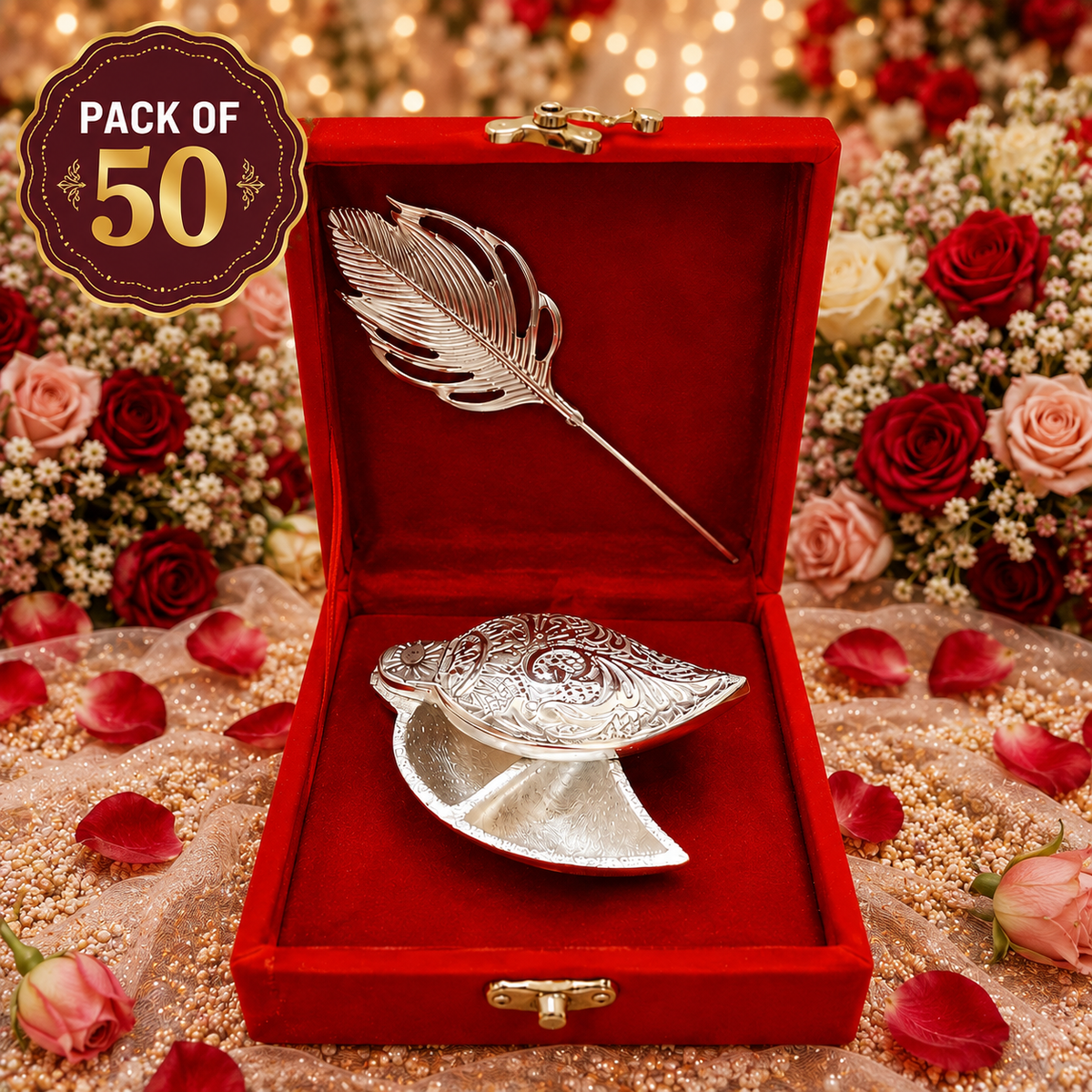 German Silver Roli Chawal Chopda with Tilak Stick – Velvet Box