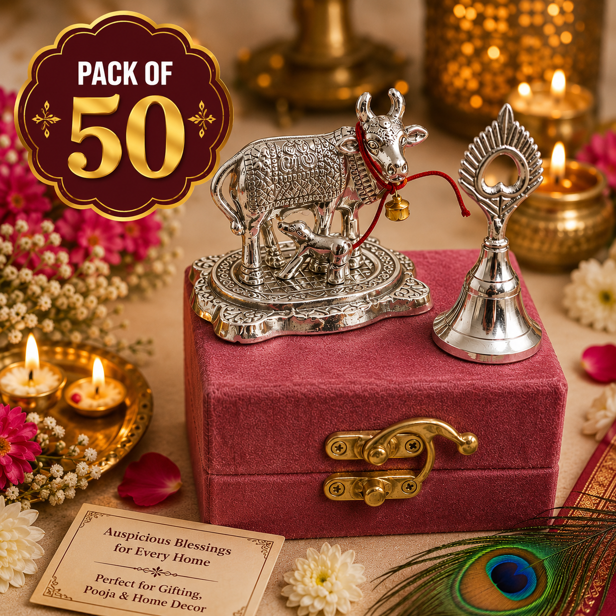 German Silver Cow with Bell in Velvet Box | Auspicious Pooja Return Gift for Guests | Hindu Religious Gift for Wedding, Housewarming & Festive Occasions