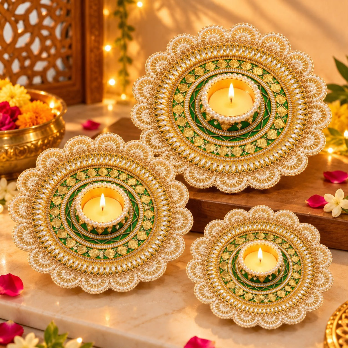 Designer green tealight holder set for Diwali decoration, festive home decor and gifting