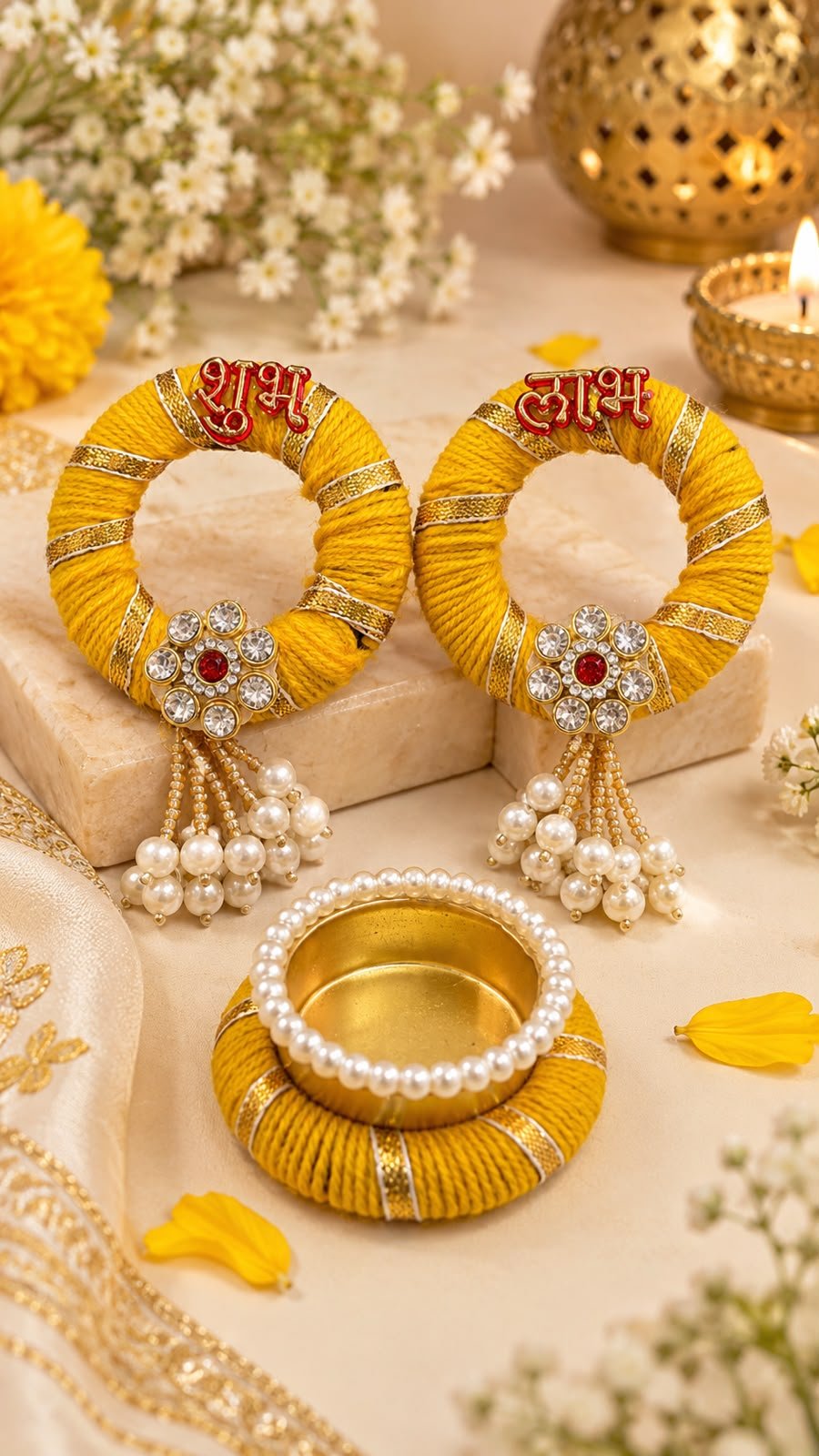 Designer Mirror Work Shubh Labh Diya Hanging Pair with Pearl Tassels for Diwali Decoration