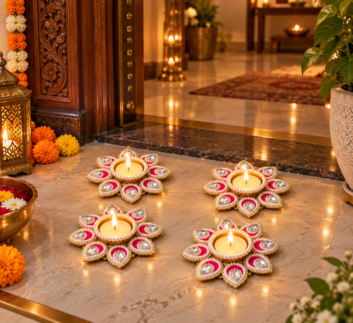 Designer Floral Tea Light Holder with Pearl & Crystal Work for Diwali & Pooja