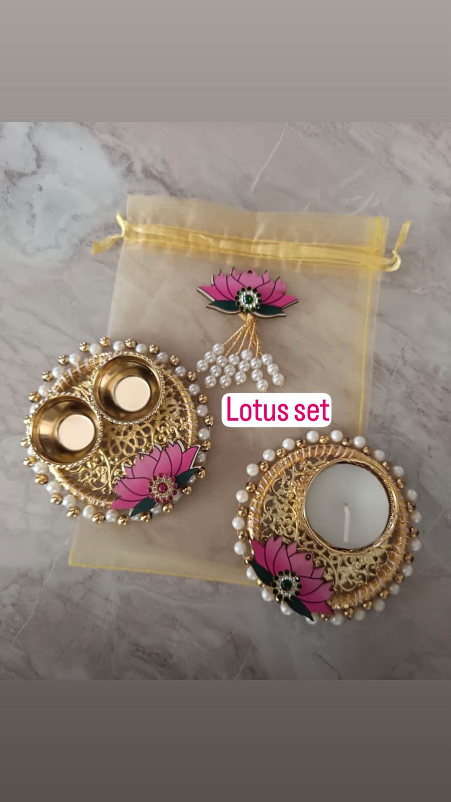 Festive combo gift set with potli bag candle holder and roli chawal platter for Diwali puja
