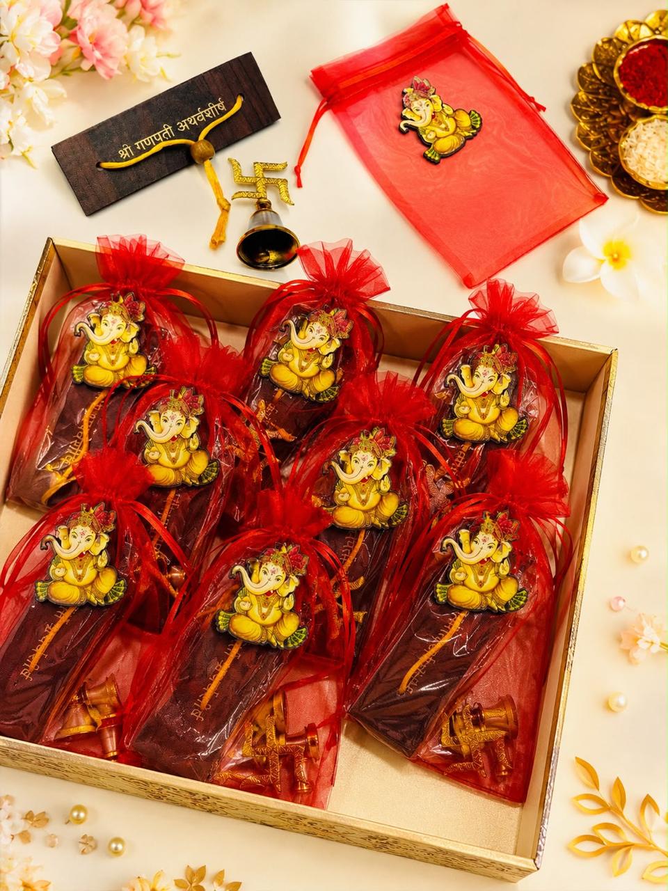 Ganpati potli gift set with Atharvashirsha and traditional pooja bell