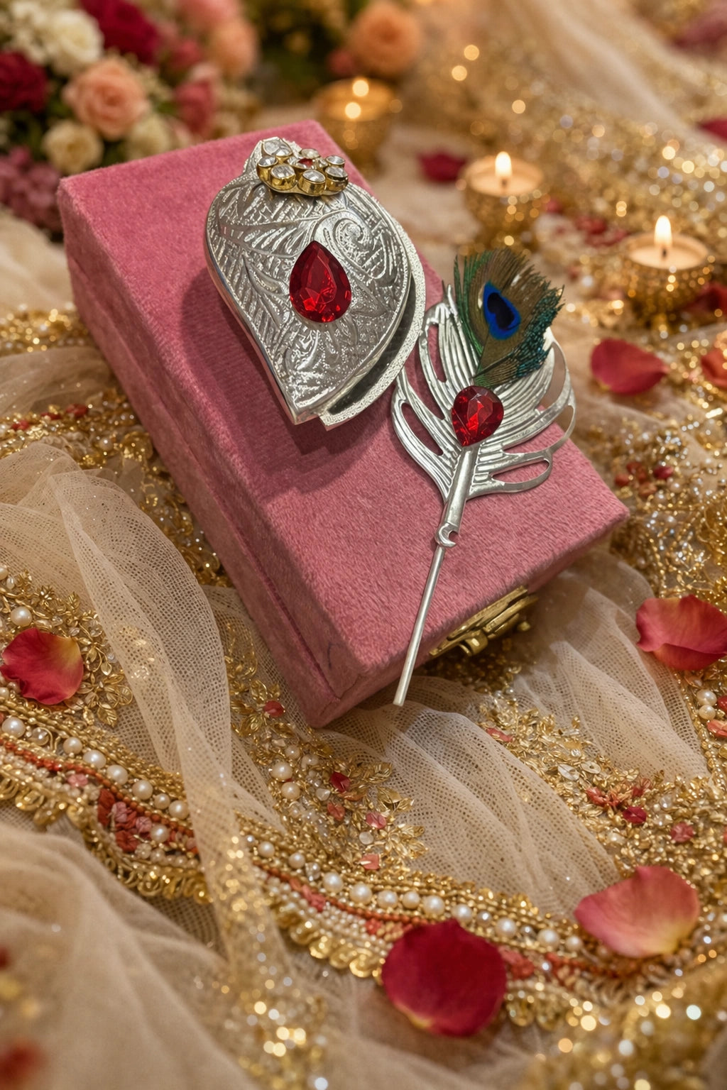 German silver morpankh kumkum holder with velvet gift box for pooja