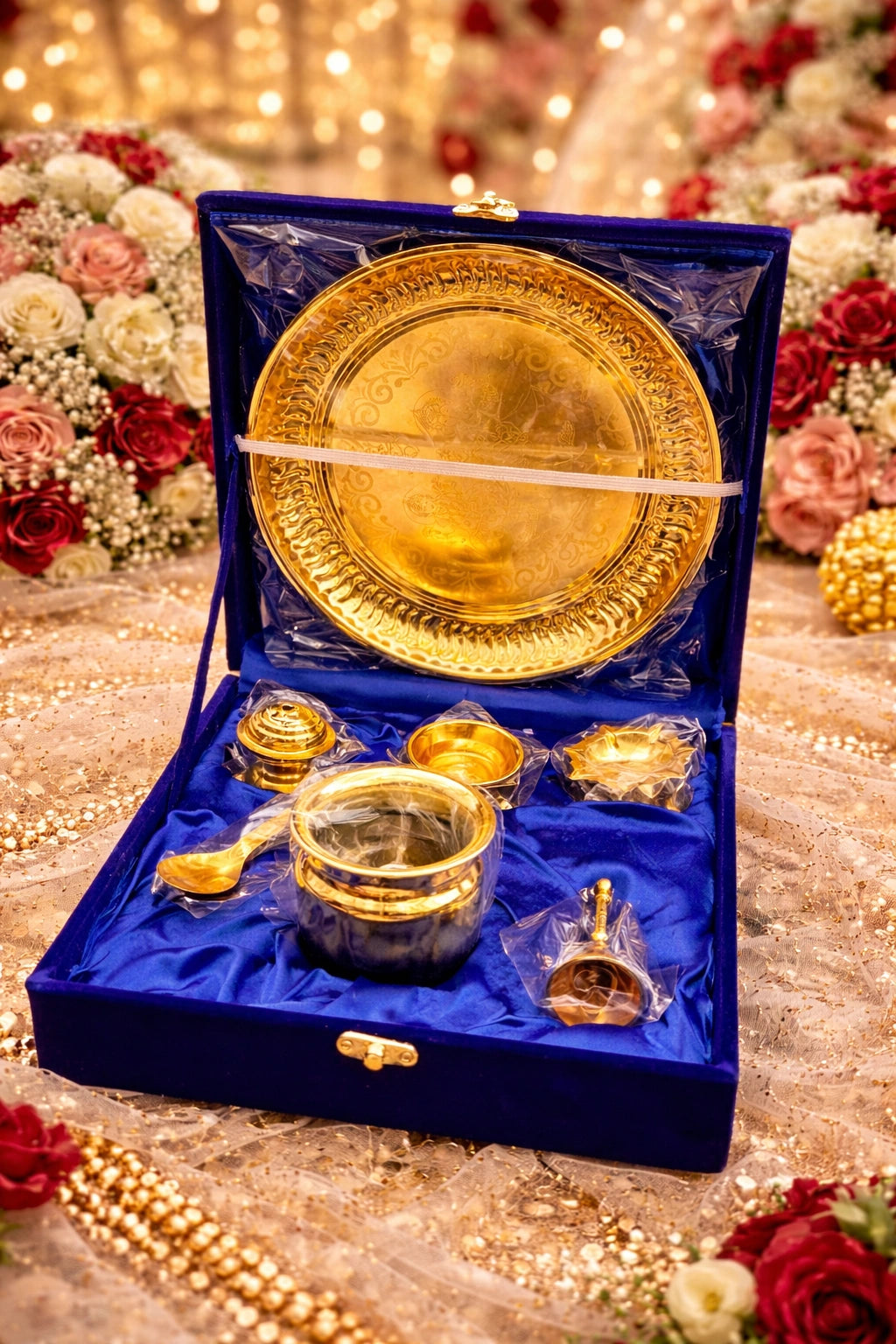 German silver pooja plate set with golden finish in velvet box for home temple
