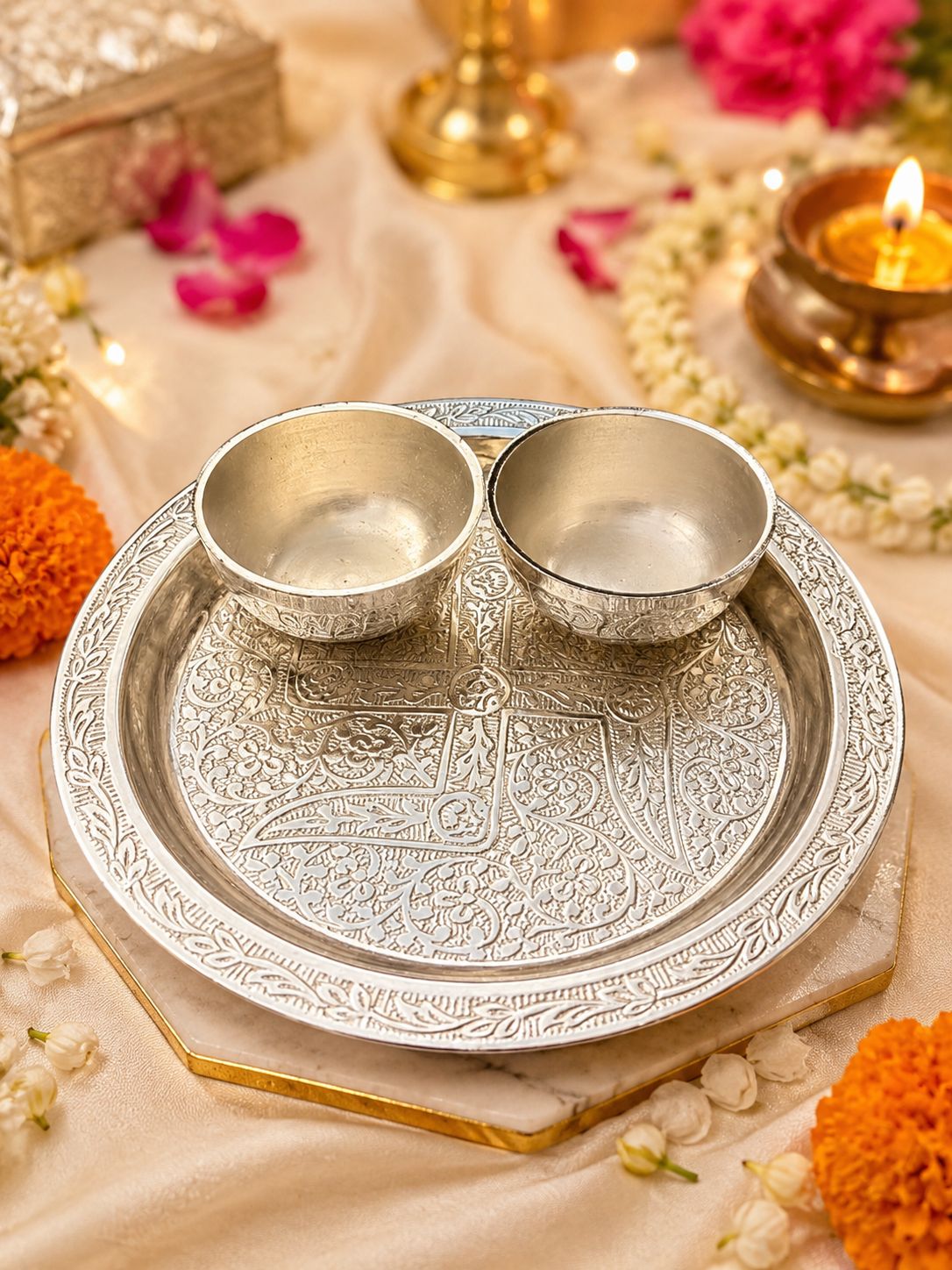 Premium German silver pooja thali set with 2 bowls