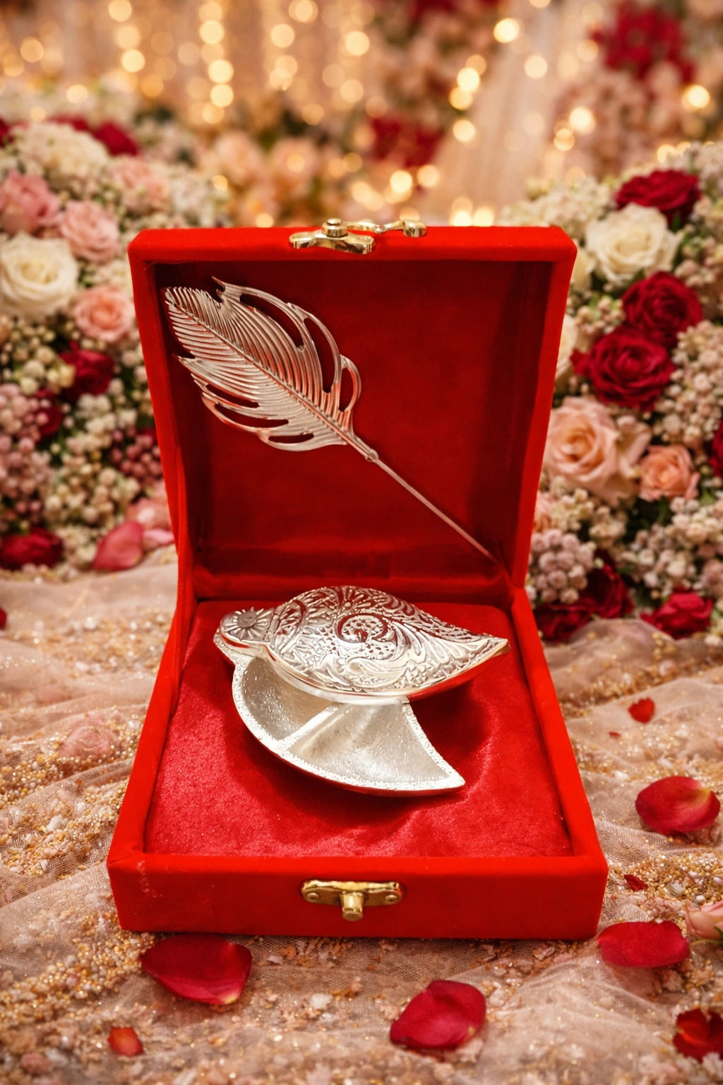 German silver roli chawal chopda with tilak stick in velvet box for pooja