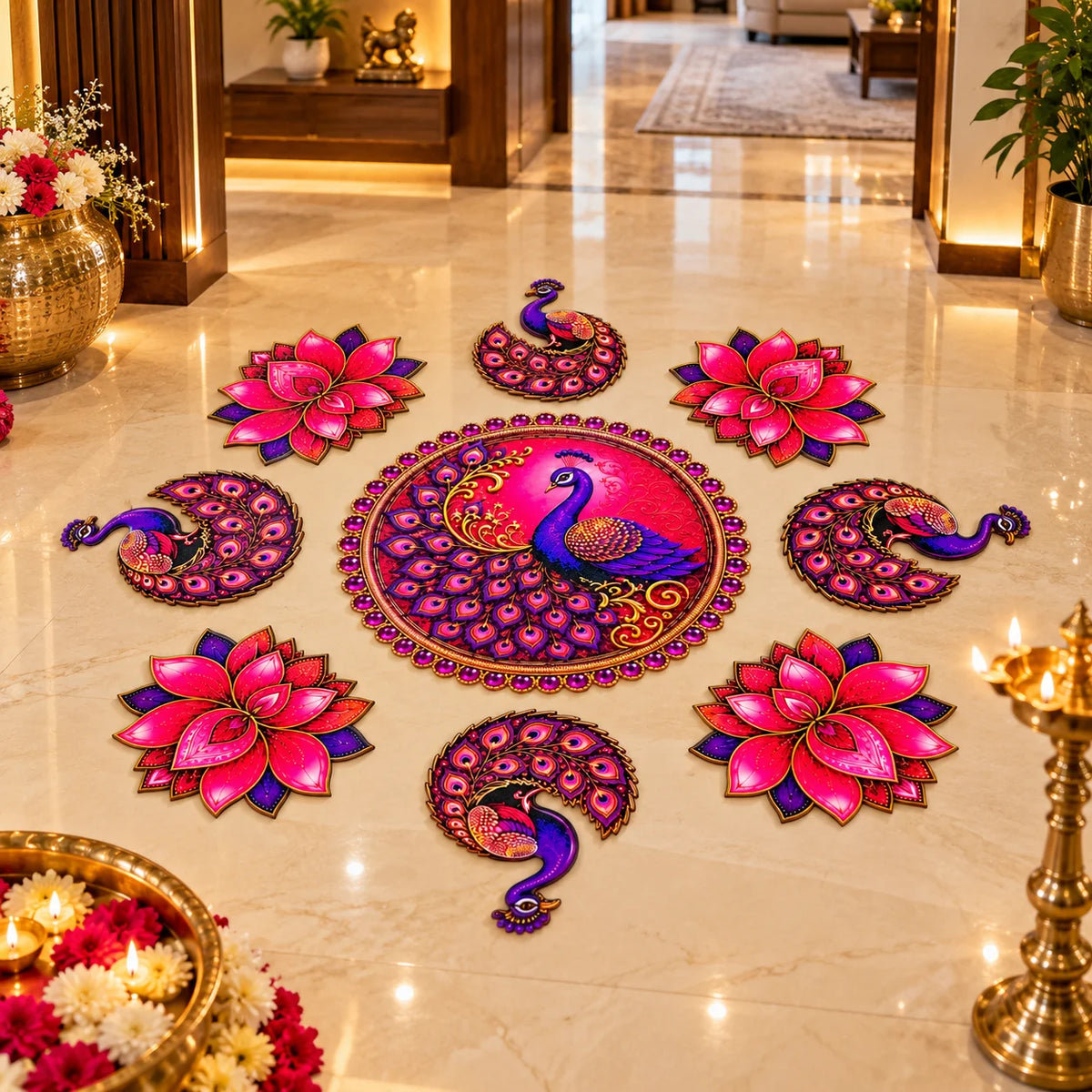 Peacock and lotus ready made rangoli for Diwali decoration