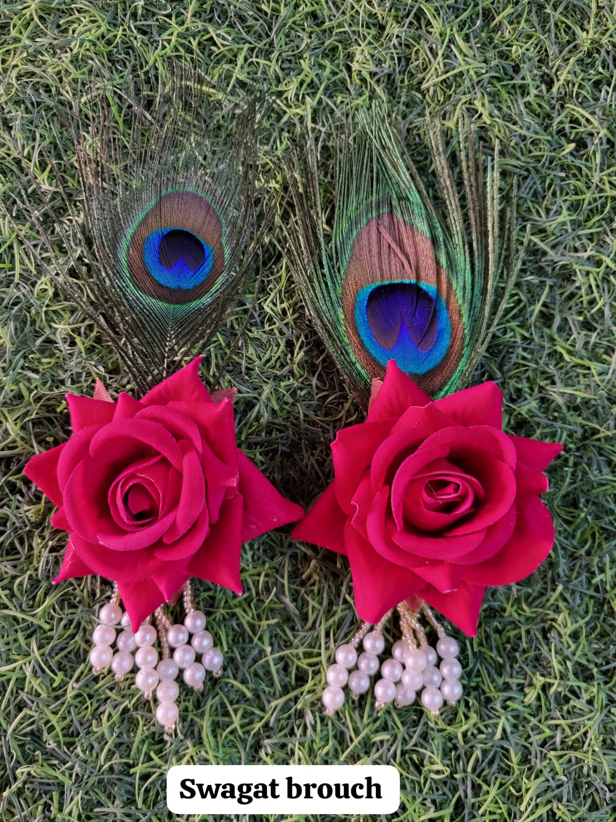 Premium Red Rose & Peacock Feather Lapel Brooch