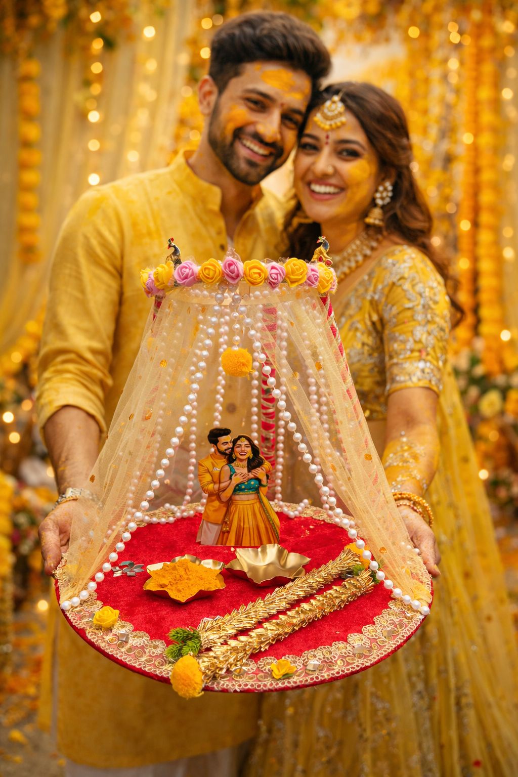 Royal red velvet haldi ceremony platter with pearl canopy and bride groom figurine for Indian wedding rituals