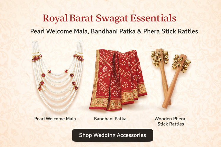 Royal Barat Swagat Essentials: Pearl Welcome Mala, Bandhani Patka & Phera Stick Rattles