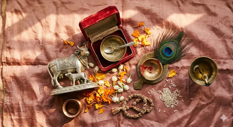 Flat lay of German silver Akshaya Tritiya gifts including Kamdhenu cow idol, red velvet puja bowl box, morpankh kumkum holder, marigold petals, and brass diya on ivory linen