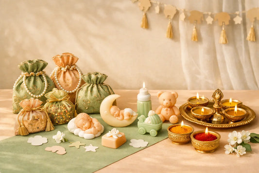 baby shower return gifts cover showing Godh Bharai haldi kumkum favors candles potli pouches and baby themed gifts