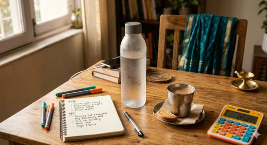 Indian woman work from home desk with frosted water bottle chai cup funky calculator brass diya and handwritten notebook — stylish office desk setup India 2026