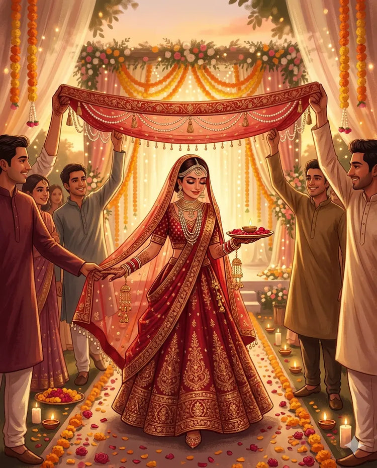 Beautiful Indian bride walking under a red bridal entry chadar with pearl detailing during phera ceremony at a traditional wedding mandap