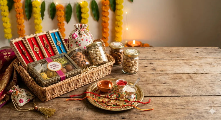 Bulk gift hampers for Raksha Bandhan India with decorative baskets, rakhis, sweets and festive packaging