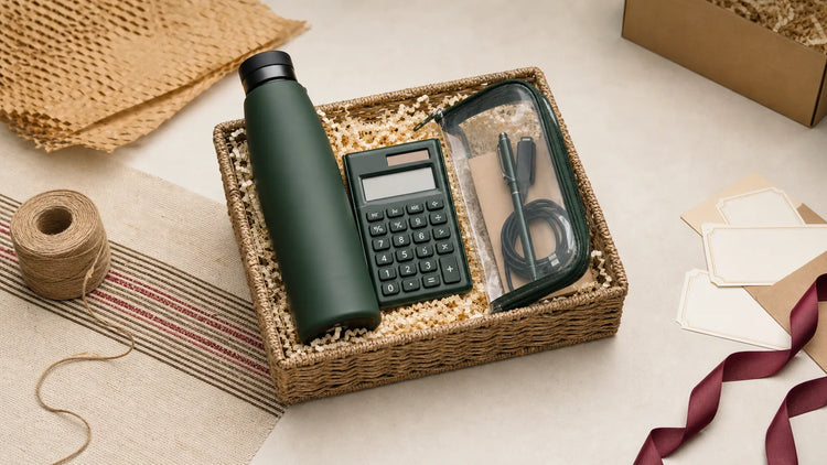 corporate gifts for remote employees arranged in a basket with an office bottle calculator and transparent utility pouch