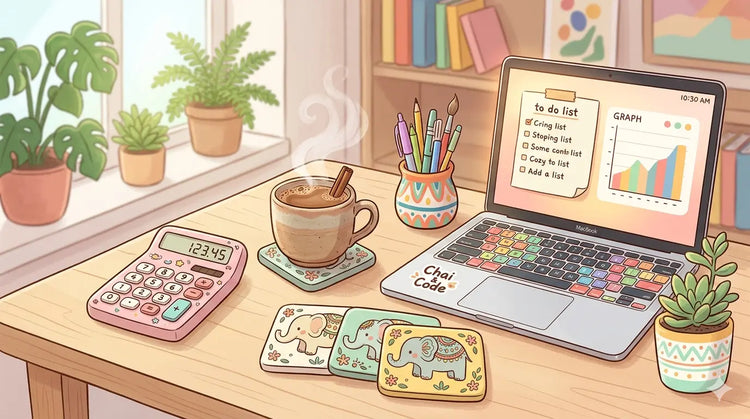 Warm illustrated scene of a cheerful office desk with cute funky calculator and elephant design coasters for a happy workspace