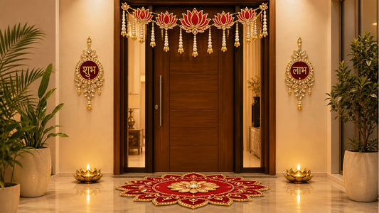 diwali decoration items for home arranged as a lotus toran Shubh Labh pair red MDF rangoli and golden candle entrance