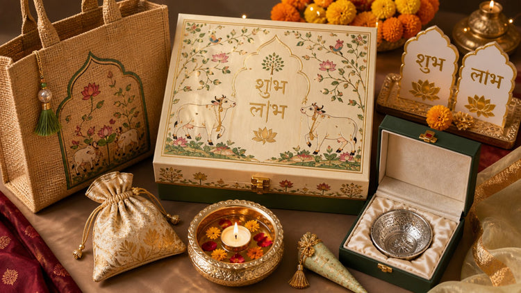 Diwali gift packaging ideas with a Pichwai hamper box, jute bag, potli bag, golden metal urli candle, mukhwas cone and German silver bowl