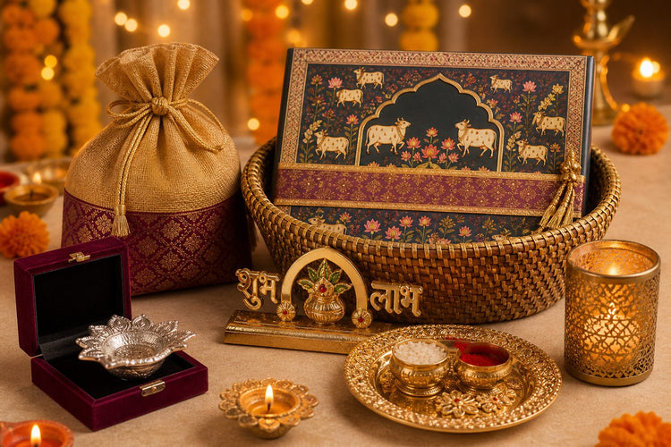 Diwali gifts for dealers with festive hamper basket, potli, Shubh Labh and diya